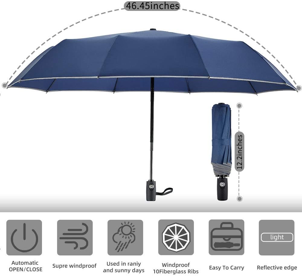 Velmorna Windproof Travel Umbrella with Teflon Coating Auto Open Close Lightweight Sun&Rain Umbrella with 10 Rib Construction and Reflective Stripe Zipper Pouch
