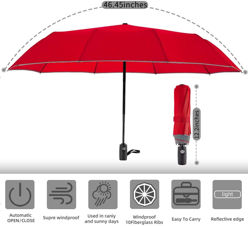 Velmorna Windproof Travel Umbrella with Teflon Coating Auto Open Close Lightweight Sun&Rain Umbrella with 10 Rib Construction and Reflective Stripe Zipper Pouch