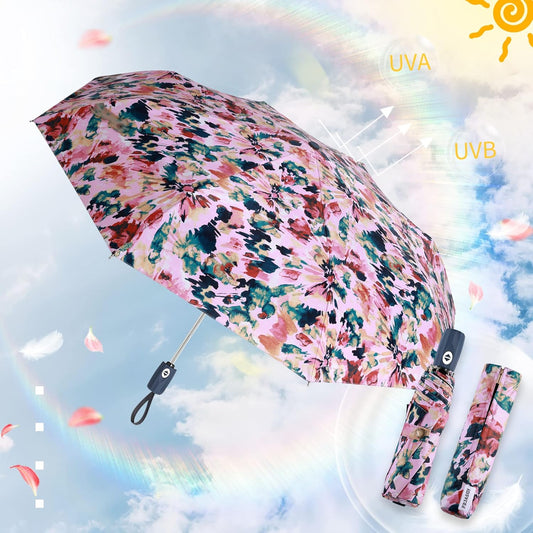 Velmorna UV Sun Umbrella Compact Folding Travel Umbrella Auto Open Close Compact Folding Rain Umbrellas for Women Men Blocking UV 99.98%