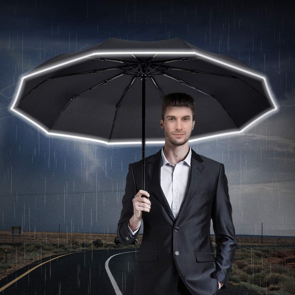 Velmorna  Windproof Travel Umbrella with Teflon Coating Auto Open Close Lightweight Sun&amp;Rain Umbrella with 10 Rib Construction and Reflective Stripe Zipper Pouch