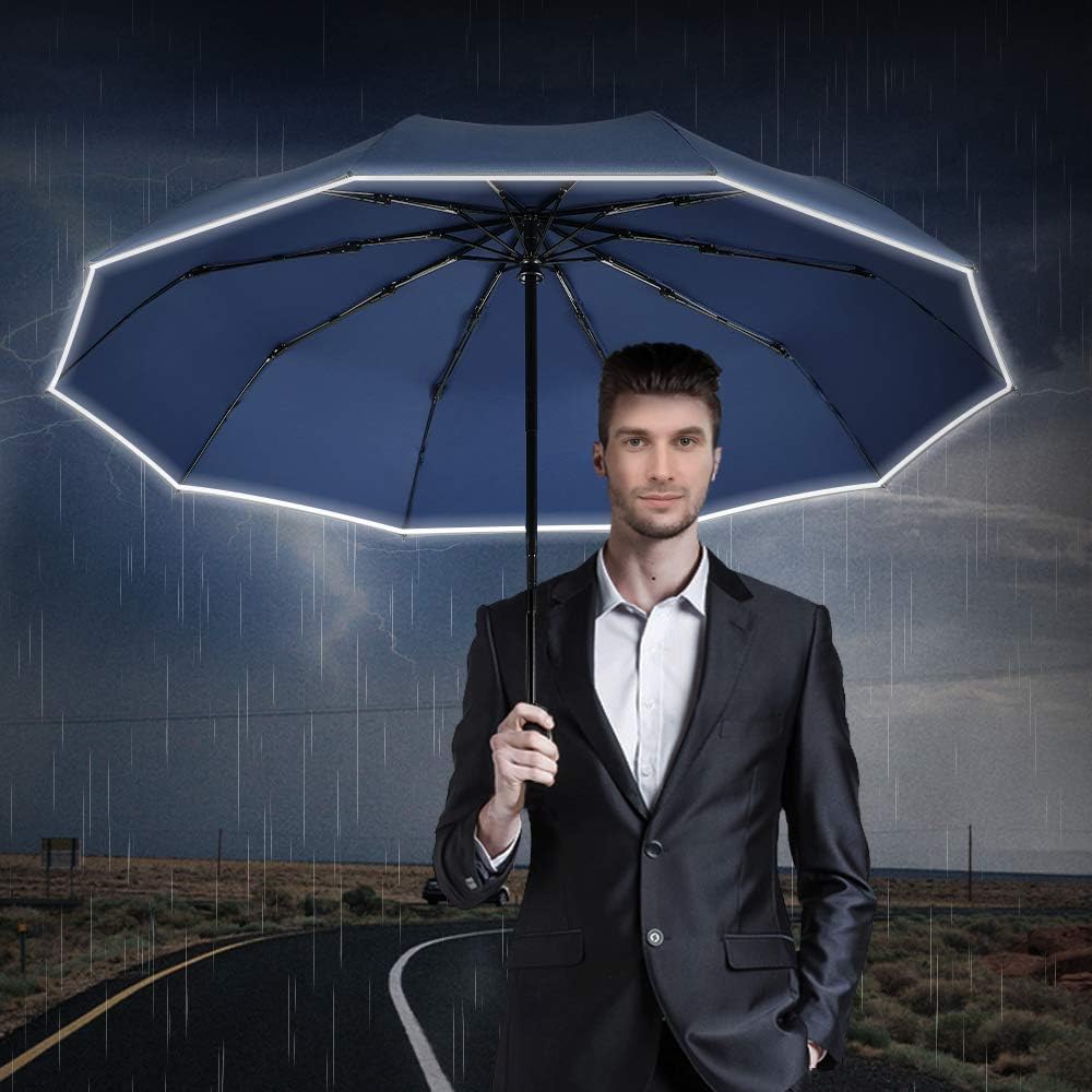Velmorna Windproof Travel Umbrella with Teflon Coating Auto Open Close Lightweight Sun&amp;Rain Umbrella with 10 Rib Construction and Reflective Stripe Zipper Pouch