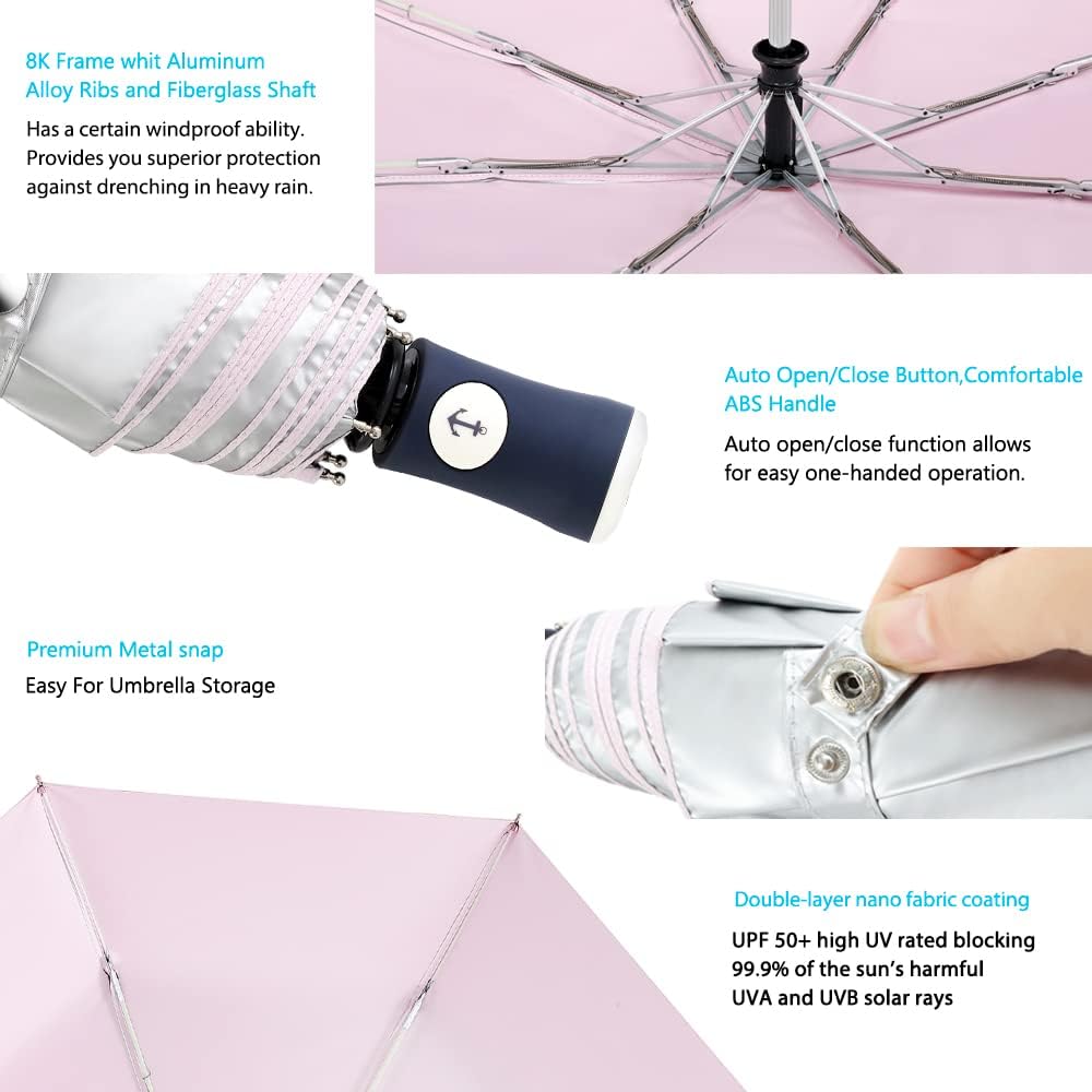 Velmorna Silver Coating Layer Fabric Blocking UV 99.9% Sun Umbrella Compact Folding Travel Umbrella Automatic Windproof Umbrellas For Men and Women (Pink)