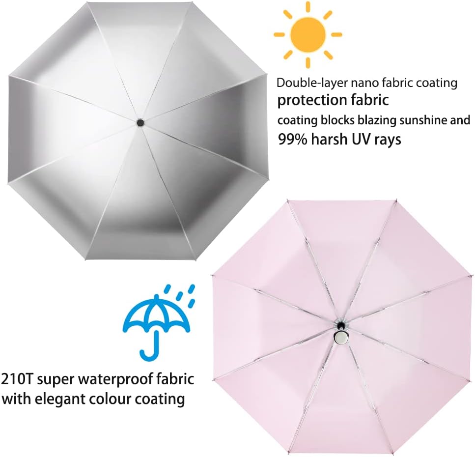 Velmorna Silver Coating Layer Fabric Blocking UV 99.9% Sun Umbrella Compact Folding Travel Umbrella Automatic Windproof Umbrellas For Men and Women (Pink)
