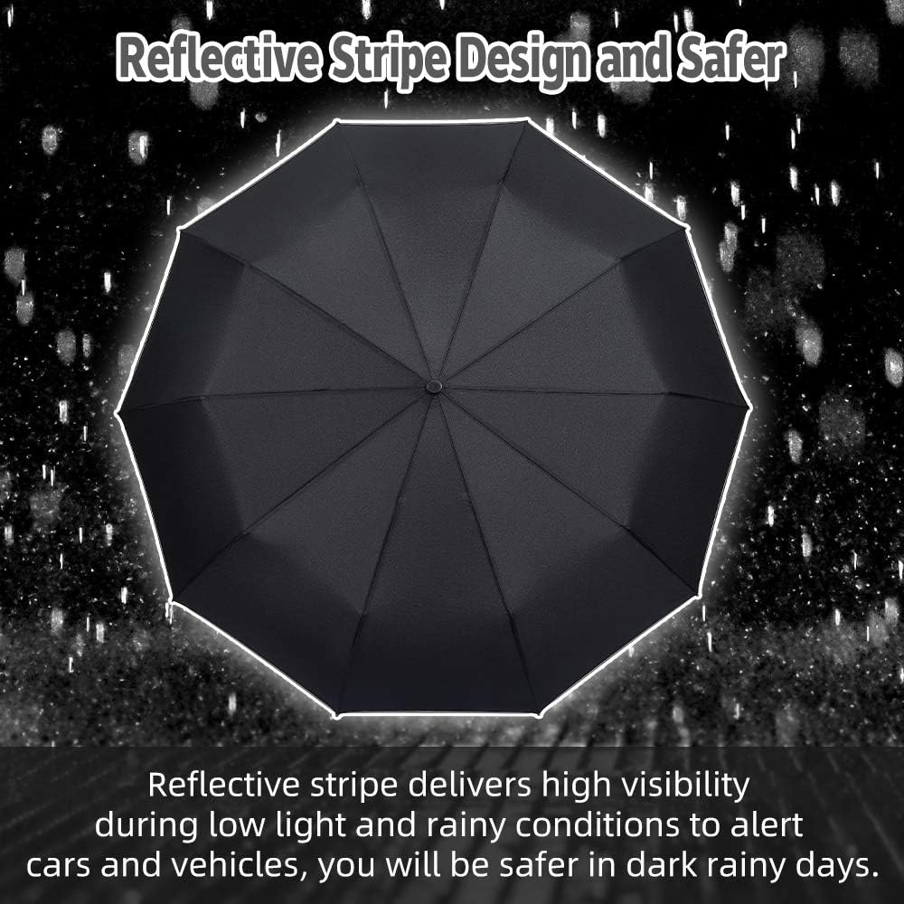 Velmorna  Windproof Travel Umbrella with Teflon Coating Auto Open Close Lightweight Sun&amp;Rain Umbrella with 10 Rib Construction and Reflective Stripe Zipper Pouch
