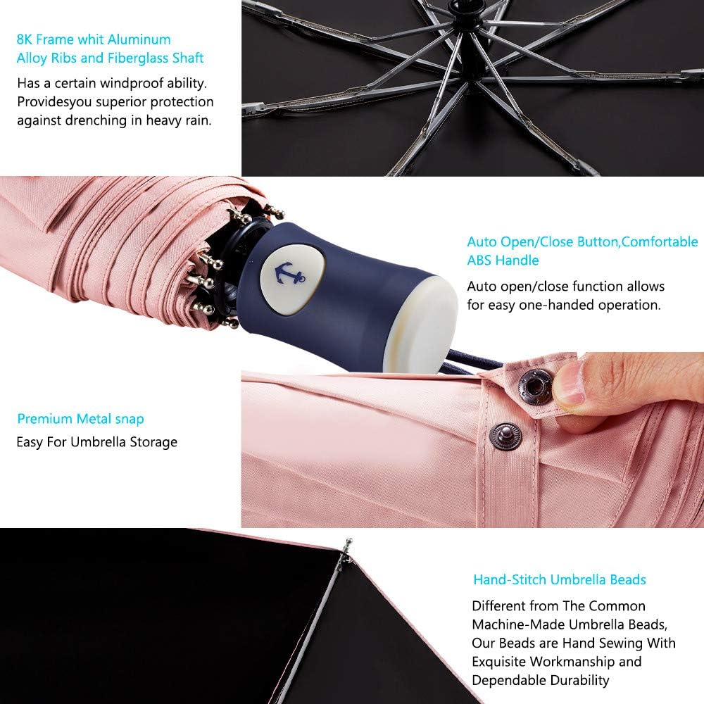 Velmorna Sun Umbrella Compact Folding Travel Umbrella Auto Open and Close for Windproof Rainproof &amp; 99.9% UV Protection Parasol with Black Anti UV Coating