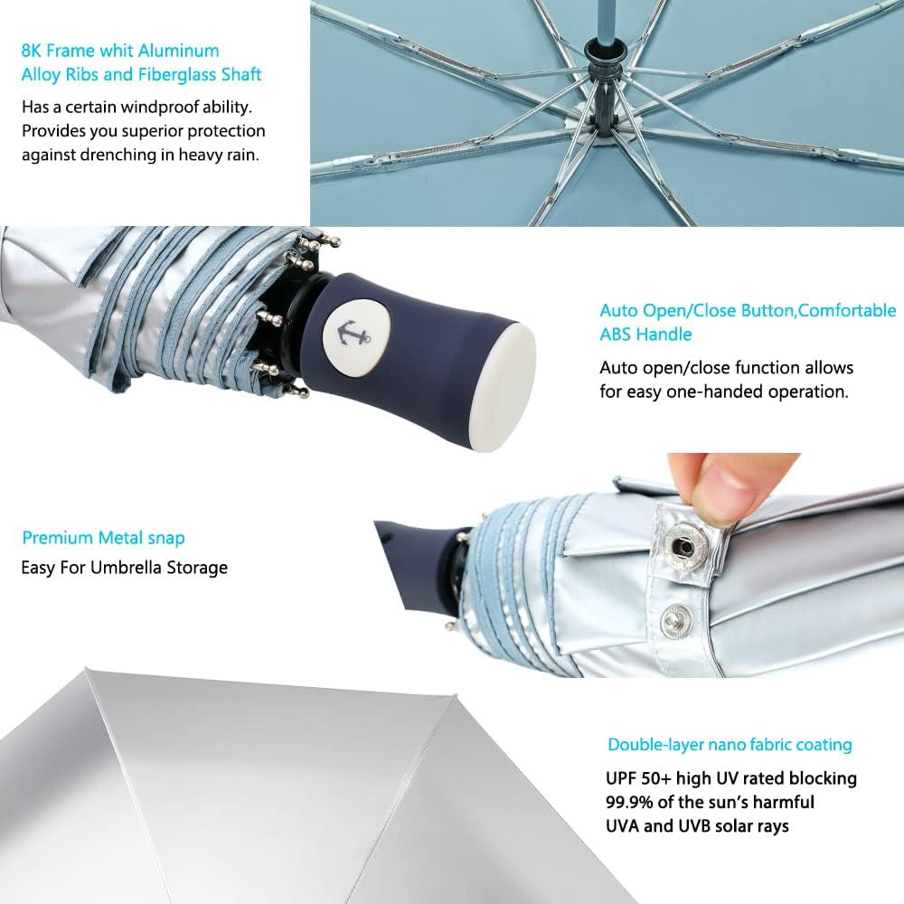 Velmorna Silver Coating Layer Fabric Blocking UV 99.9% Sun Umbrella Compact Folding Travel Umbrella Automatic Folding Windproof Umbrellas For Men and Women (Blue)
