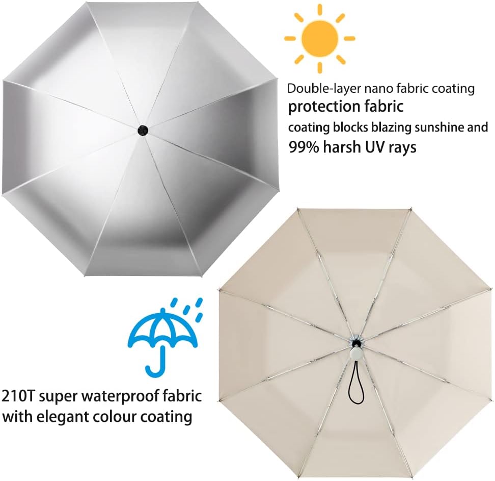 Velmorna Silver Coating Layer Fabric Blocking UV 99.9% Sun Umbrella Compact Folding Travel Umbrella Automatic Folding Windproof Umbrellas For Men and Women (Beige)