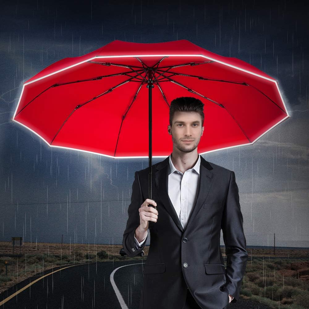 Velmorna Windproof Travel Umbrella with Teflon Coating Auto Open Close Lightweight Sun&amp;Rain Umbrella with 10 Rib Construction and Reflective Stripe Zipper Pouch