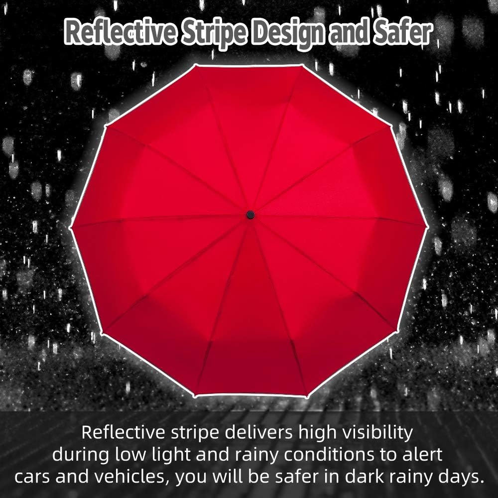 Velmorna Windproof Travel Umbrella with Teflon Coating Auto Open Close Lightweight Sun&amp;Rain Umbrella with 10 Rib Construction and Reflective Stripe Zipper Pouch