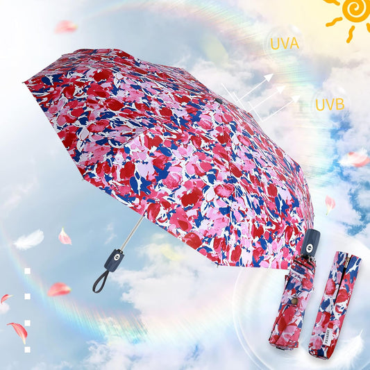 Velmorna UV Sun Umbrella Compact Folding Travel Umbrella Auto Open Close Compact Folding Rain Umbrellas for Women Men Blocking UV 99.98%