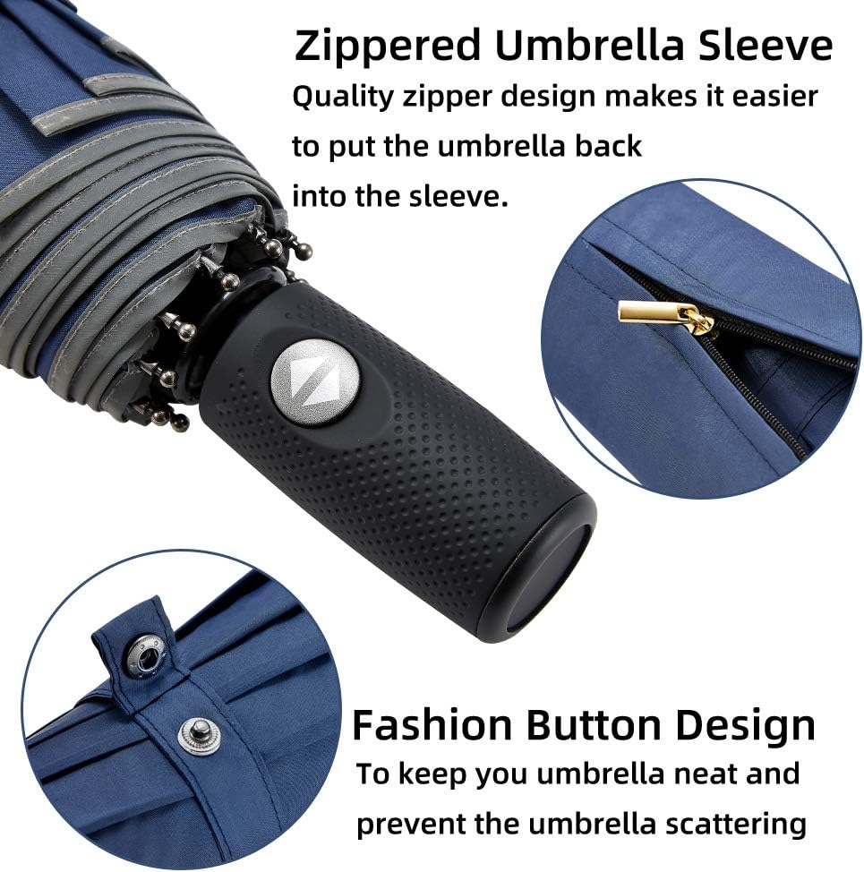 Velmorna Windproof Travel Umbrella with Teflon Coating Auto Open Close Lightweight Sun&amp;Rain Umbrella with 10 Rib Construction and Reflective Stripe Zipper Pouch
