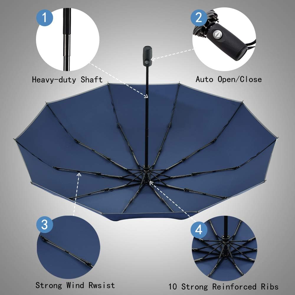 Velmorna Windproof Travel Umbrella with Teflon Coating Auto Open Close Lightweight Sun&amp;Rain Umbrella with 10 Rib Construction and Reflective Stripe Zipper Pouch