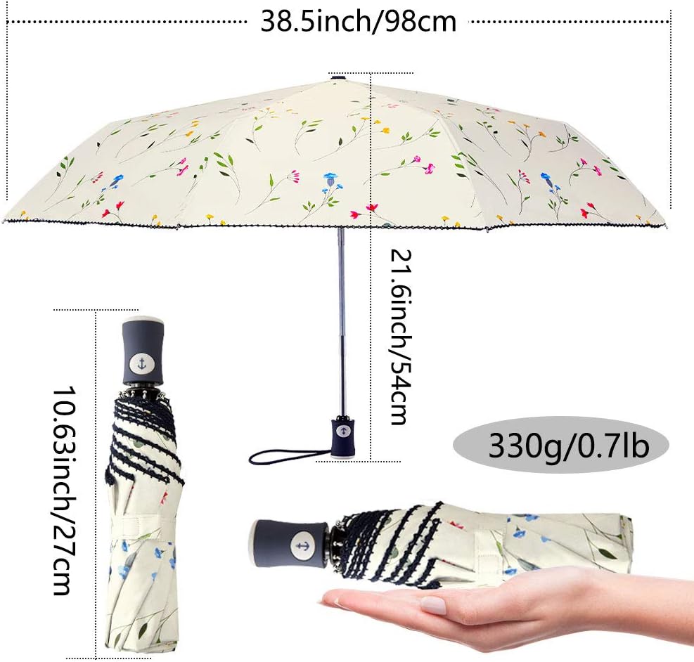 Velmorna Sun Umbrella Compact Folding Travel Umbrella Auto Open and Close for Windproof Rainproof &amp; 99.9% UV Protection Parasol with Black Anti UV Coating