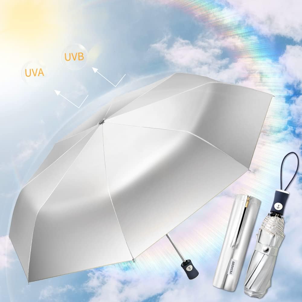 Velmorna Silver Coating Layer Fabric Blocking UV 99.9% Sun Umbrella Compact Folding Travel Umbrella Automatic Folding Windproof Umbrellas For Men and Women (Beige)