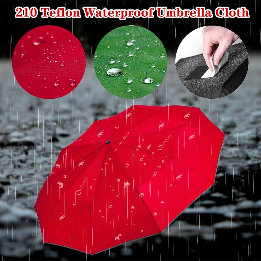 Velmorna Windproof Travel Umbrella with Teflon Coating Auto Open Close Lightweight Sun&amp;Rain Umbrella with 10 Rib Construction and Reflective Stripe Zipper Pouch