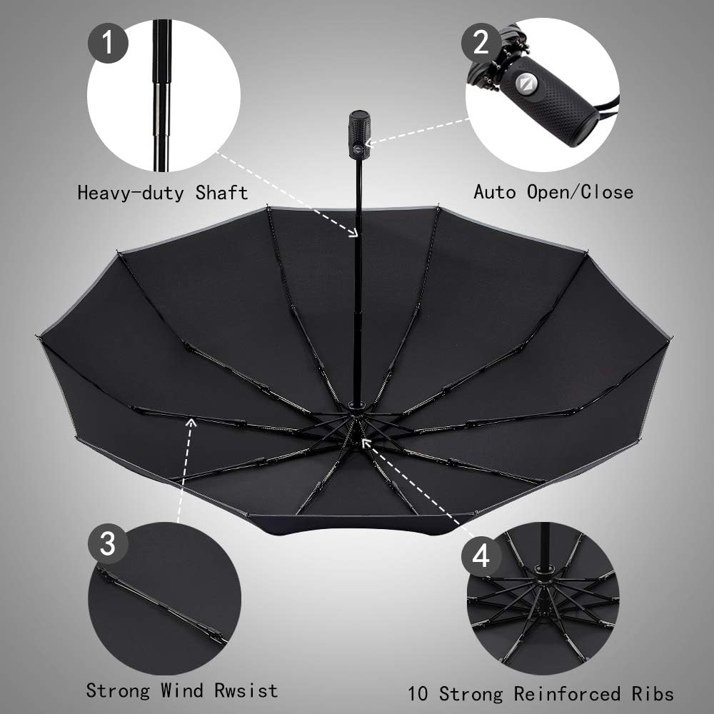 Velmorna  Windproof Travel Umbrella with Teflon Coating Auto Open Close Lightweight Sun&amp;Rain Umbrella with 10 Rib Construction and Reflective Stripe Zipper Pouch