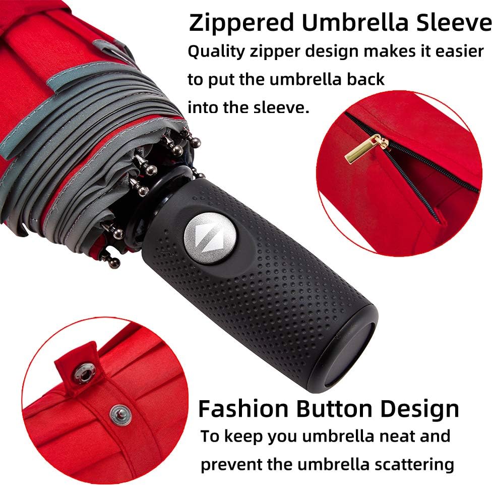 Velmorna Windproof Travel Umbrella with Teflon Coating Auto Open Close Lightweight Sun&amp;Rain Umbrella with 10 Rib Construction and Reflective Stripe Zipper Pouch