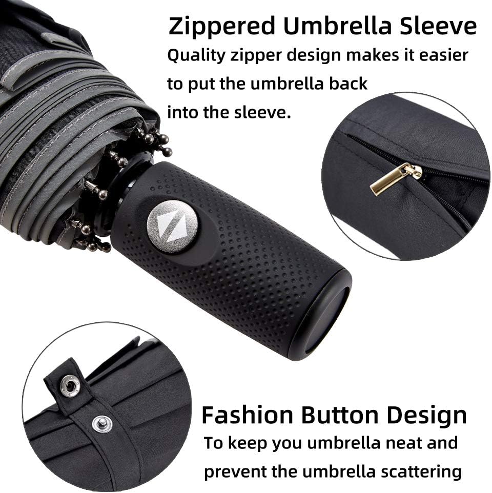 Velmorna  Windproof Travel Umbrella with Teflon Coating Auto Open Close Lightweight Sun&amp;Rain Umbrella with 10 Rib Construction and Reflective Stripe Zipper Pouch