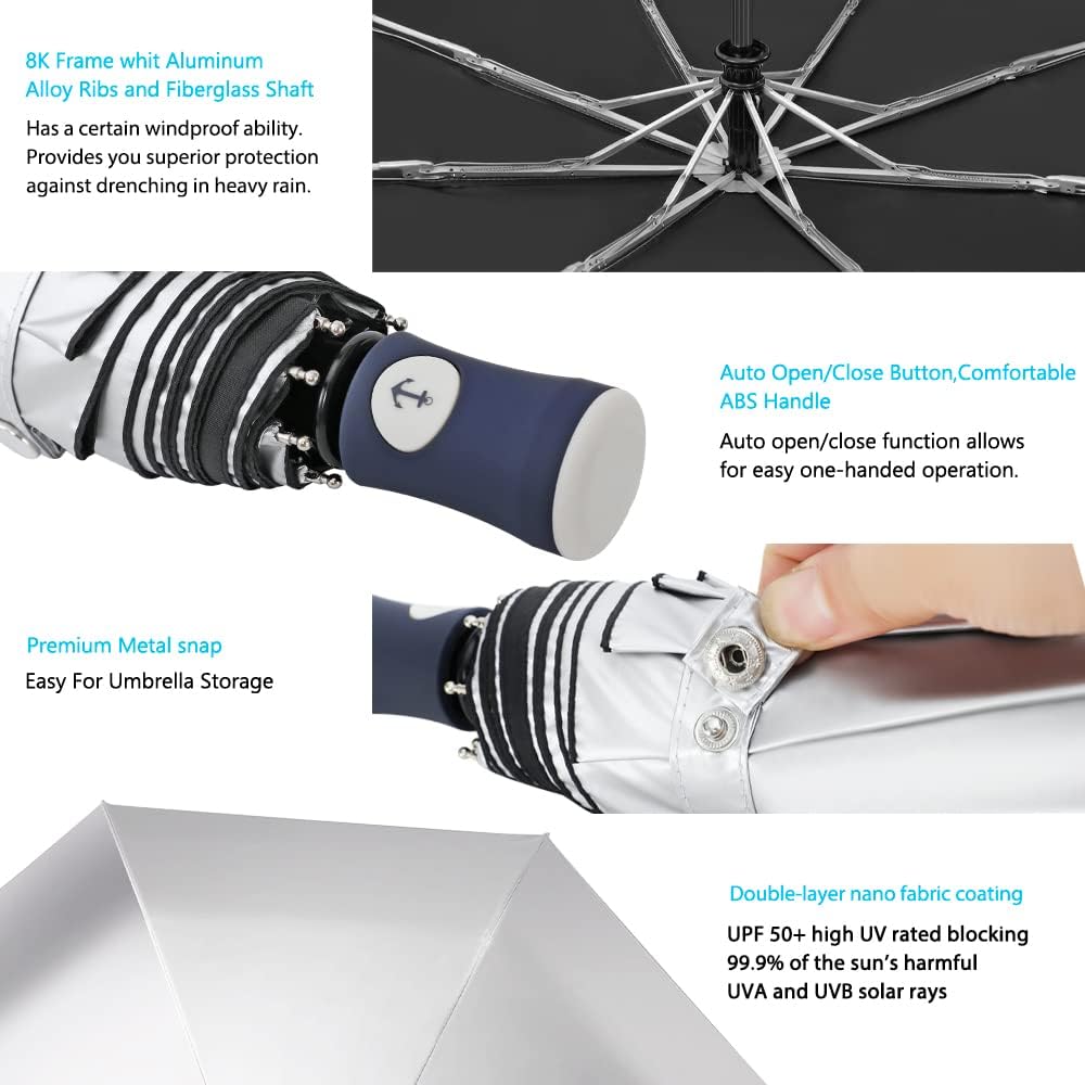 Velmorna Silver Coating Layer Fabric Blocking UV 99.9% Sun Umbrella Compact Folding Travel Umbrella Automatic Folding Windproof Umbrellas For Men and Women (Black)