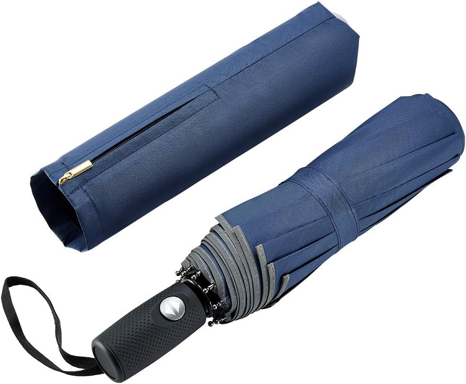 Velmorna Windproof Travel Umbrella with Teflon Coating Auto Open Close Lightweight Sun&amp;Rain Umbrella with 10 Rib Construction and Reflective Stripe Zipper Pouch