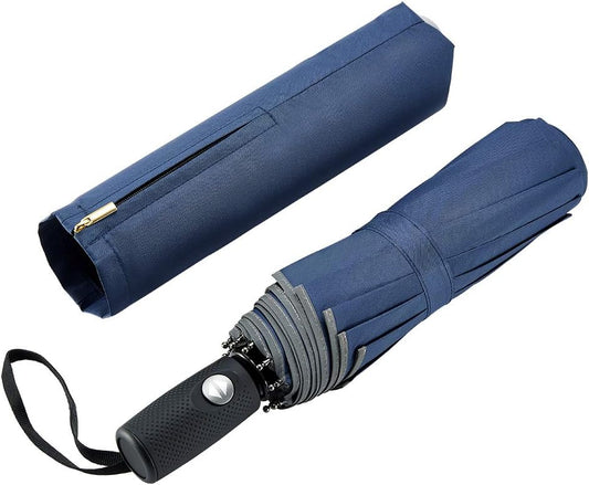 Velmorna Windproof Travel Umbrella with Teflon Coating Auto Open Close Lightweight Sun&amp;Rain Umbrella with 10 Rib Construction and Reflective Stripe Zipper Pouch