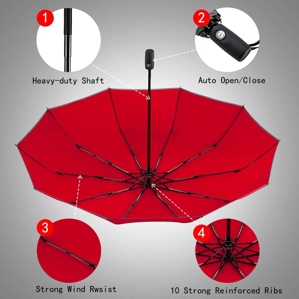 Velmorna Windproof Travel Umbrella with Teflon Coating Auto Open Close Lightweight Sun&amp;Rain Umbrella with 10 Rib Construction and Reflective Stripe Zipper Pouch