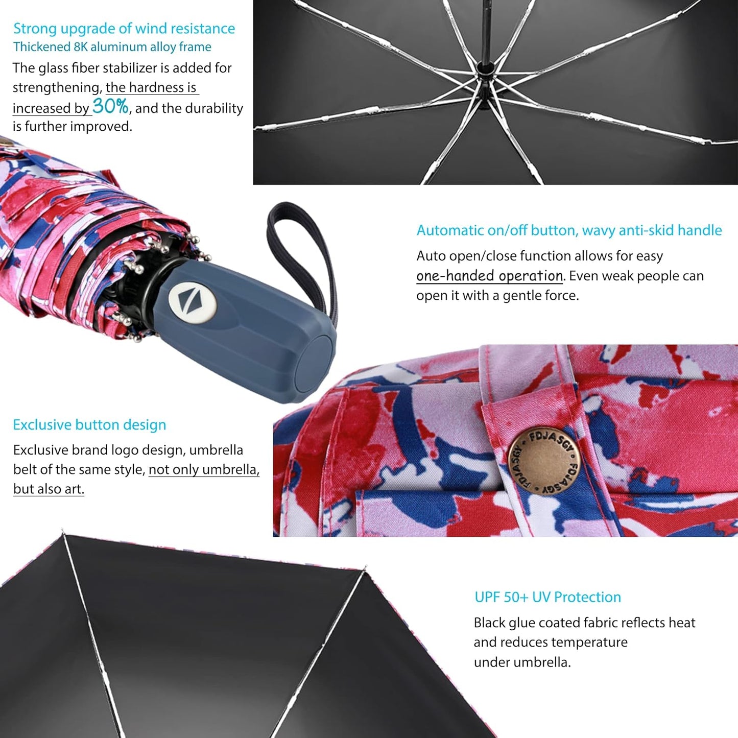 Velmorna UV Sun Umbrella Compact Folding Travel Umbrella Auto Open Close Compact Folding Rain Umbrellas for Women Men Blocking UV 99.98%