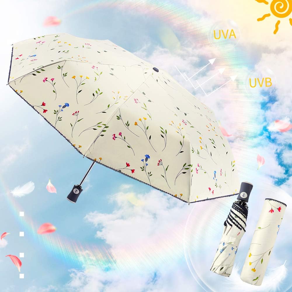 Velmorna Sun Umbrella Compact Folding Travel Umbrella Auto Open and Close for Windproof Rainproof &amp; 99.9% UV Protection Parasol with Black Anti UV Coating