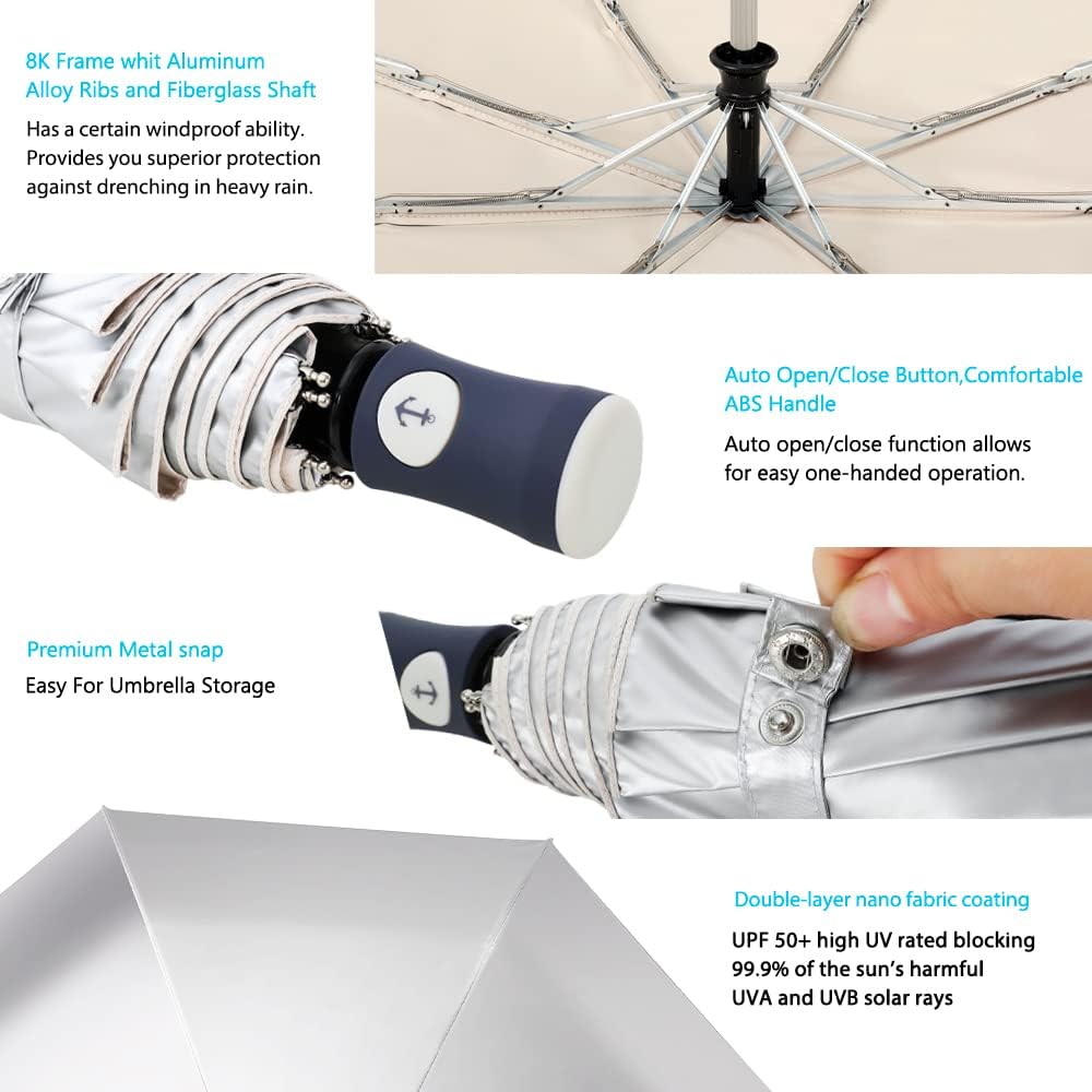 Velmorna Silver Coating Layer Fabric Blocking UV 99.9% Sun Umbrella Compact Folding Travel Umbrella Automatic Folding Windproof Umbrellas For Men and Women (Beige)