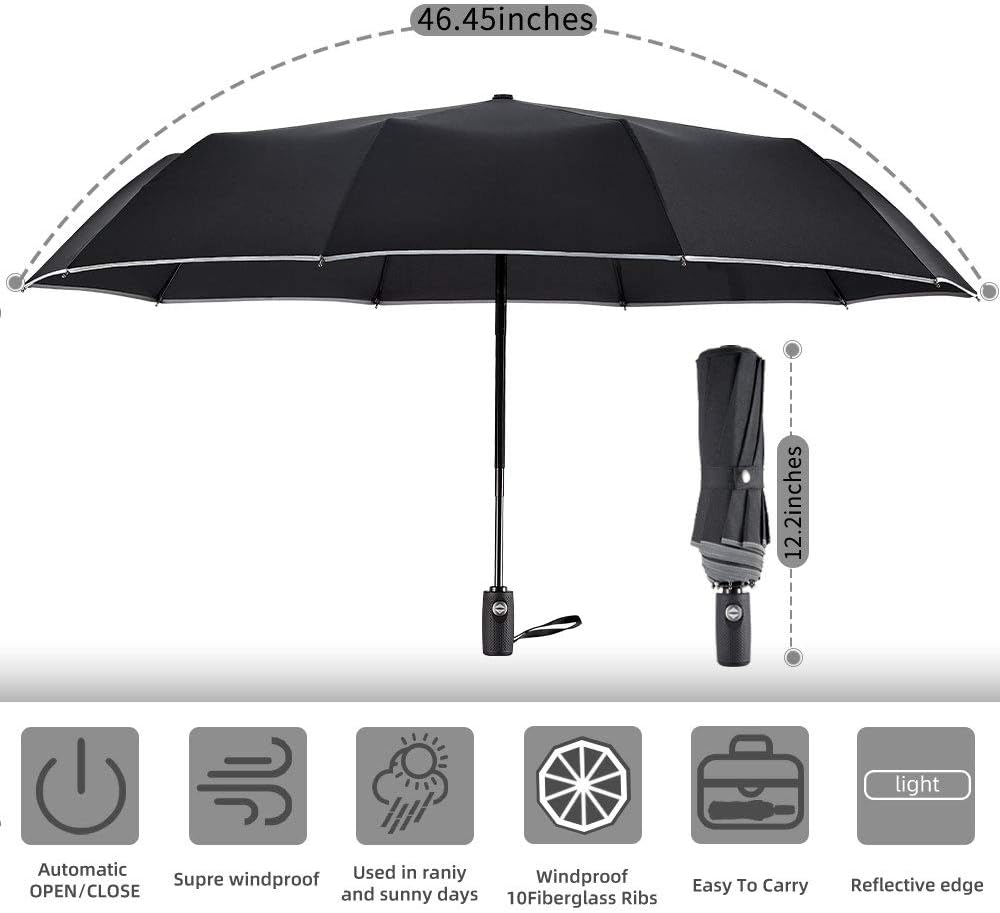 Velmorna  Windproof Travel Umbrella with Teflon Coating Auto Open Close Lightweight Sun&amp;Rain Umbrella with 10 Rib Construction and Reflective Stripe Zipper Pouch